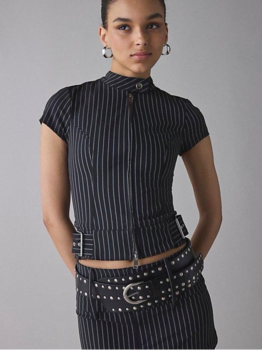 silence + noise Black Pinstripe Short-Sleeve Zip Front Top